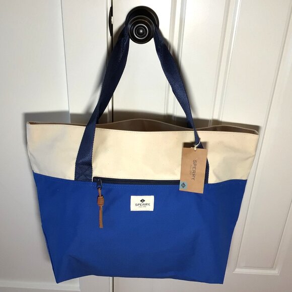 NWT Sperry Large Tote Bag & Pouch Set Canvas Blue & Natural - Picture 2 of 14